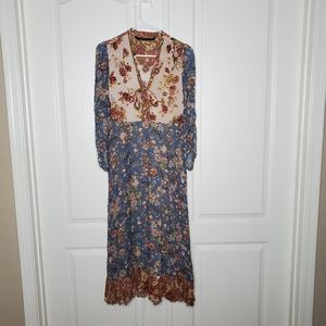 Floral Color Blocked Maxi Dress with Tie